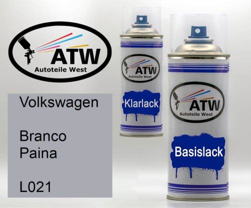 Volkswagen, Branco Paina, L021: 400ml Sprühdose + 400ml Klarlack - Set, von ATW Autoteile West.